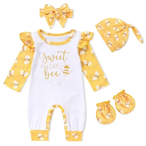 Image of GRNSHTS Newborn Baby Girl Romper Infant Sweet As Can Bee Bodysuit Jumpsuit+Hat+Headband+Gloves Coming Home Bee Clothes Outfits(Bee Yellow,1-3M)
