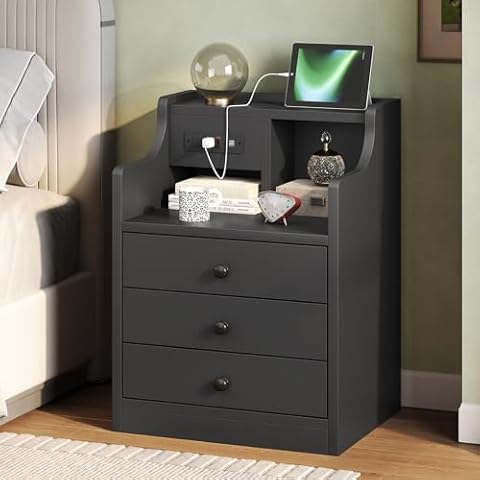Tiptiper Black Nightstand with Charging Station 3 Drawers Cover