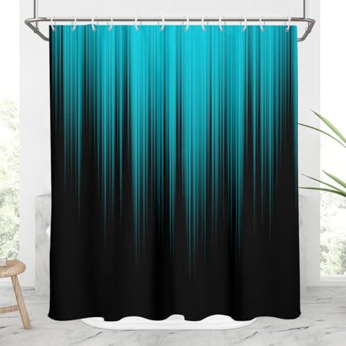 Image of AAtter Teal Shower Curtain Black Modern Gothic Goth Abstract Mens Boy Turquoise Aqua Ombre Blue Cool Anime Masculine Minimalist Dark Home Bathroom Decor Bathtub Set with 12 Hooks, 60x72 Inch, Gradient