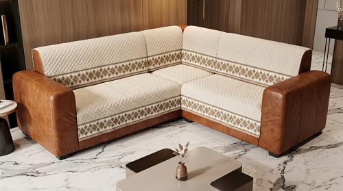 Image of Beige Velvet Sofa Mat, L Shape 3+3 | Full Cover for Seat & Back, Anti-Skid, Machine Washable