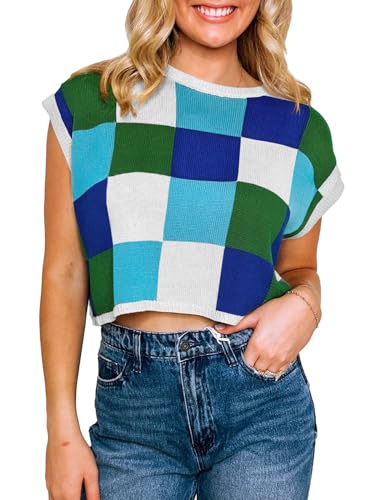 Image of Saodimallsu Womens Cap Sleeve Crop Tops Summer Color Block Going Out Crew Neck Knit Trendy Casual Sweater
