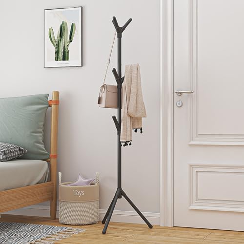 Image of LEOPAX Metal Premium Coat Rack Freestanding Tree Shape Coat,Towel, Hat Stand With 9 Hooks for Livingroom, Bedroom, Hallway - Black - Use Light Weight Clothes, 46X46X170 Cm