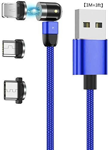 IVS - Cable magnético 3 en 1 con Cable USB de 360 ° y 180 ° de rotación de Cable de 2,4 A de Nailon, con Giro magnético, Cable Giratorio 1M - Azul