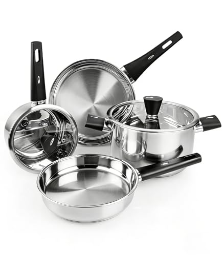 Meythway Stainless Steel Pots and Pans Set Non Toxic, 6PCs Kitchen Cookware Sets with Stay-Cool...