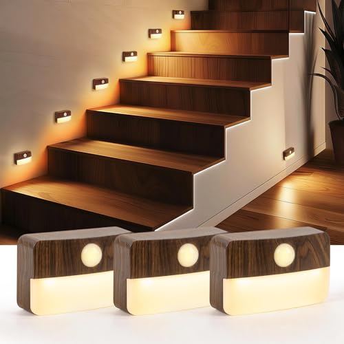Image of Guankai 3 Pack Motion Sensor Stair Light for Indoor, Battery Operated Closet Lights, Wireless Stick on Anywhere Hallway Lamp, Portable Led Night Lamps for Bedroom Under Cabinet Kitchen, Wood Grain