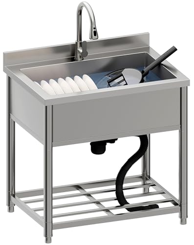 Stainless Steel Utility Sink, Large Freestanding Kitchen Sink with Pull-out Faucet for Commercial Restaurant, Bathroom, Laundry Room, Garage, Outdoor/Indoor, Pet Cleaning, D21.65 x W27.55 x H36.61 in