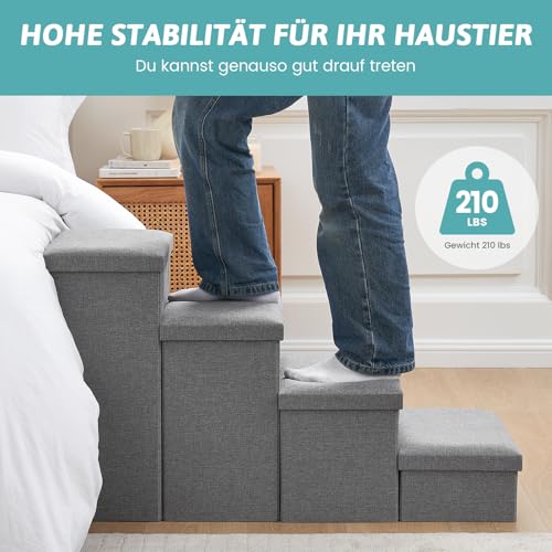 COZY KISS Hundetreppe für Kleine Hunde mit Stauraum, Breite Haustiertreppe Faltbare für Bett und Couch, Hunderampe mit Rutschfestem Boden, Lecksichere (Grau, 43x97x56cm, 4)