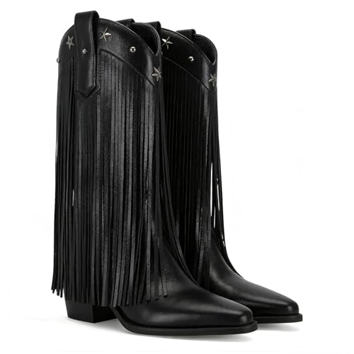 Image of Fringe Cowboy Boots for Women Mid Calf Cowgirl Boots with Star Studded Pointed Toe Pull on Chunky Heel Western Boots