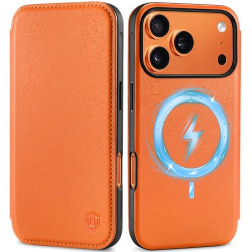SHIELDON Cover Sottile a Portafoglio in Vera Pelle per iPhone 17 Pro 6,3 Pollici 5G 2025, Custodia Leggera con Ricarica Wireless, Blocco RFID, Slot per Carte e Chiusura Magnetica - Arancio