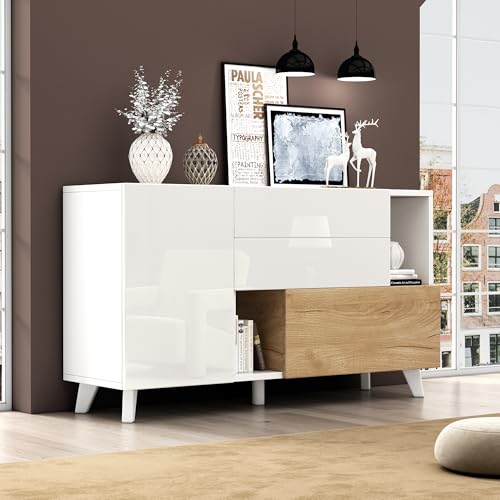 Merax Buffet - Commode blanche brillante - Meuble TV moderne 2 portes 2 tiroirs - Armoire multi-usages salon, salle à manger, couloir - Design sans poignée -...