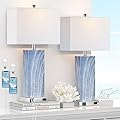 Touch Control Table Lamps with White Fabric Shade Set of 2, 3-Way Dimmable Modern Ceramic Blue Nightstand Bedside Lamp with 2 USB Ports 1 AC Outlet for Living Room, Bedroom (LED Bulbs Included)