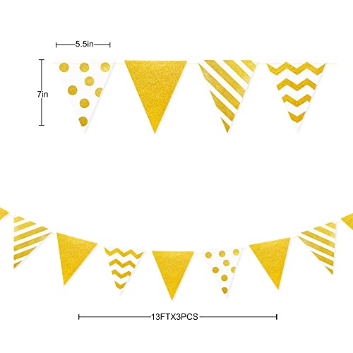Image of 39Ft White and Gold Party Decorations Polka Dot Stripe Triangle Pennant Banner Glitter Foil Paper Flag Bunting Garland for Birthday Graduation Anniversary Wedding Bridal Baby Shower Hen Party Supplies