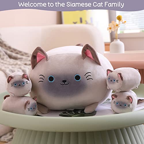 Sqeqe Siamese Cat Plush, Cute Siamese Cat Stuffed Animals Mommy With 4 Squishy Kitties In Her Tummy, Soft Siamese Cat Plushies Pillow Gifts For Kids #TOP1