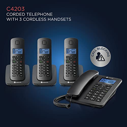 Image of Motorola Voice C42 Corded Phone System + 3 Digital Cordless Handsets w /Answering Machine, Call Block - Black (C4203)