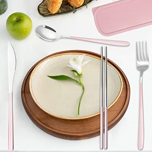 Edelstahl-Besteckset mit Etui, TWUTGAYW Tragbares Reisebesteck, Wiederverwendbares Gabel-LöFfel-Messer-EssstäBchen-Set für BüRo, Schule, Reisen, Camping, Picknick (Rosa, Silbrig)