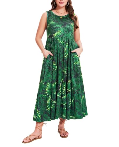 Image of Moon Wood Women's Plus Size Sleeveless Summer Dress Crewneck Tank Casual Flowy Maxi Dress with Pockets Vacation Outfits