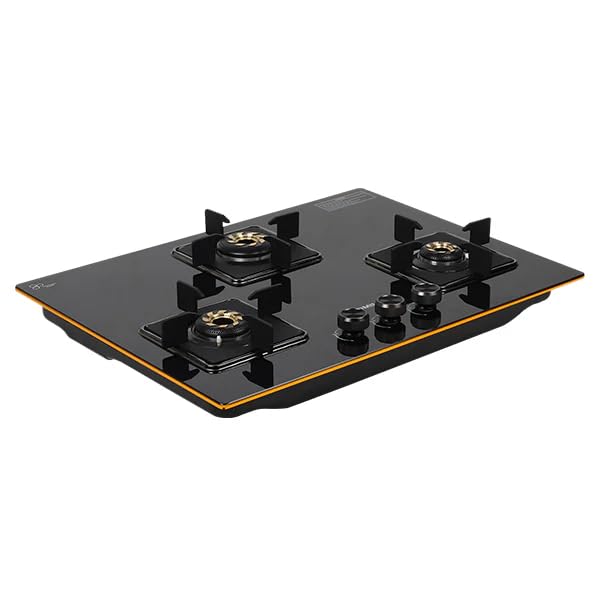 Padmini 3 Burner Indian Forged Brass Burner Auto Ignition 8mm Toughened Glass Built in Glass Gas Hob Black ISI Certified | 1HF, 1Big, 1Small Burner…