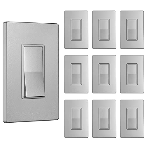 [10 Pack] Bestten Silver Single Pole Light Switch With Screwless Wallplate, Decorator Wall Switch, On/Off Rocker Paddle Interrupter For Led And Other Lamps, Signature Collection, 15A 120V, Ul Certifi #TOP15