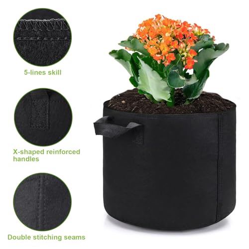 XHYASD 5 Stück Pflanzsack, 20 L Stofftopf mit Starken Griffen, pflanzsäcke für Draussen für Kartoffeln, Tomaten und Blumen (Schwarz, 5 Gallonen)