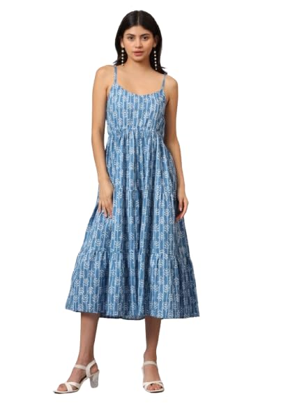 japer kurti Women's Cotton Floral Print Round Neck Sleeveless Calf Length Fit and Flare Dress with Scarf-picture-21