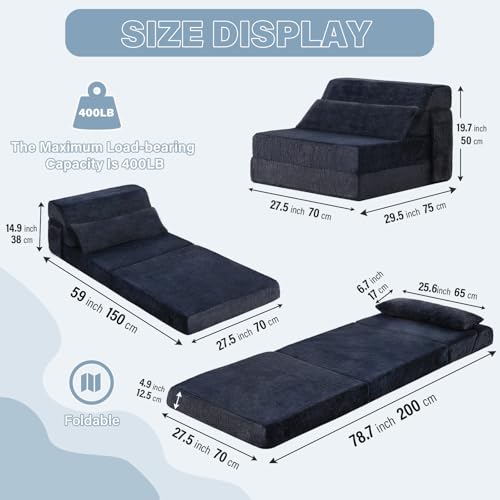 Image of Tiita Convertible Folding Sofa Bed Single Size for Adults with Pillow, Plush Fabric Floor Mattress Couch Bed, Washable Cover & Side Pocket, Guest Room, Dorm, Apartment, Living Room, Navy