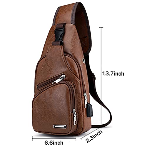 XingChen Men's Leather Sling Bag Chest Crossbody Shoulder Bag with USB Charging Port4