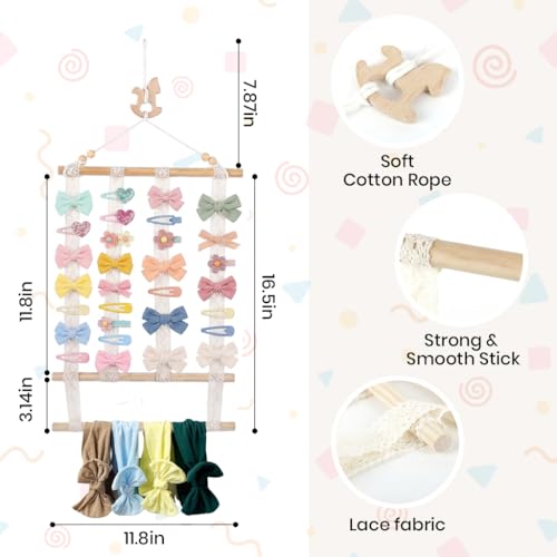 Image of HASTHIP Wooden Wall Hanging Hair Accessories Organizer Boho Macrame Baby Hair Clip Organizer for Girls Bow Holder Headbands Baby Clips Nursery Storage Display with Lace Strips for Kids Room Decor