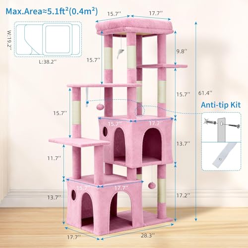 61" Large Cat Tree Tower for Indoor Cats, Heavy-Duty Multi-Level Cat Condo for Maine Coon & Big Cats with Extra-Large Perch, 2 Spacious Houses, Sisal Scratching Posts & Hanging Toys - Pink - Image 5