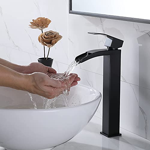 Vccucine Vessel Sink Faucet Black, Waterfall Bathroom Faucet, Single Hole Lavatory Vanity Sink Faucets With Two 3/8" Hoses #TOP2