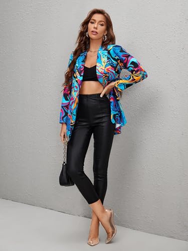 Women's Graphic Printed Blazer Button Open Front Colorful Long Sleeve Notch Lapel Pop Art Jacket Multicolored4