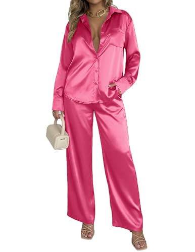 Image of Ekouaer Womens Satin Silky Pajama Set 2 Piece Print PJs Soft Loungewear Button Down Sleepwear with Elastic Waist Long Pants