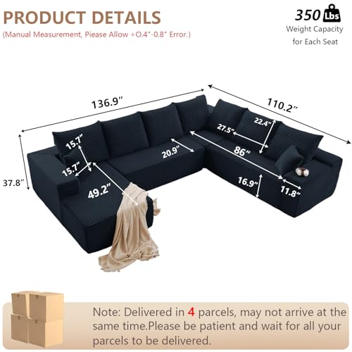 Image of Modern Modular Sectional Sofa, Big Comfy Corduroy Cloud Couch with Deep Seat, Boneless Couch Upholstered 6-Seater U-Shaped Sofa for Living Room, No Assembly Required (Black, Left-Facing Chaise)