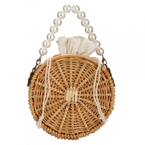 Image of Beach Bag Purse for Women, Natural Hand-woven Rectangular Wicker Handbag, Pearl Basket Purse, Retro Summer Straw Tote Bag