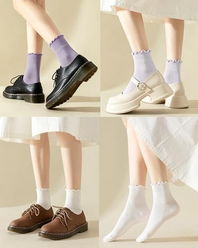 Image of DQCUTE Women's Ruffled Ankle Boot Socks - Soft Knit Cotton Lettuce Trim Crew Socks for Teen Women 6 Pairs