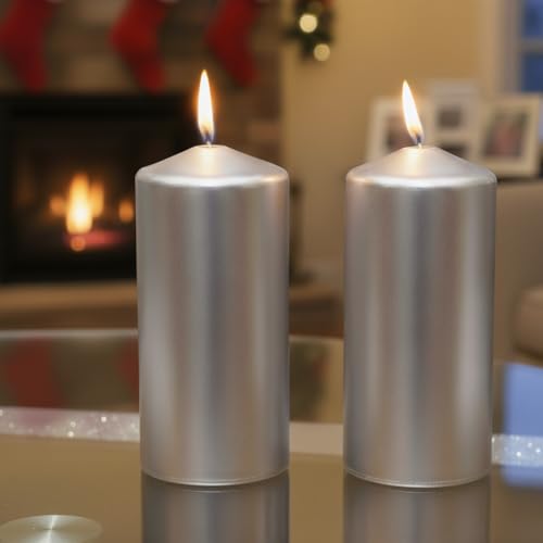 Marco Paul 2Pcs Metallic Silver Pillar Candles Long Burning of 30hrs - Unscented Large Church Candle for Wedding Party Christmas Decoration - Gifts for Women Long Lasting Decorative Candles Set