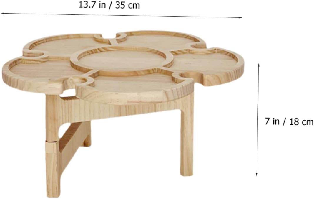 Portable Foldable Wine Desk and Picnic Table, Wooden Flower-Shaped 35cm Diameter, Outdoor Beach and Camping Use, Lightweight Fold-up Design for Travel and Barbecue