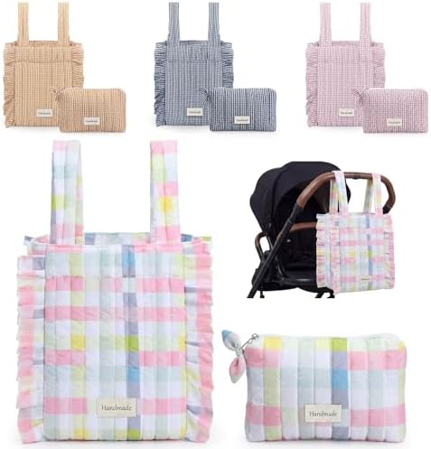 Abbylike Plaid Ruffled Stroller Bag with Detachable Handle Drawstring Pocket Includes Mini Pouch Universal for Strollers