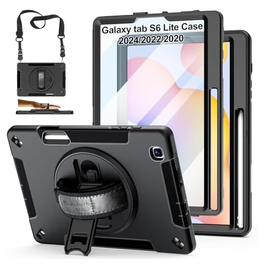 Case for Galaxy Tab S6 Lite 2024/2022/2020 : Military Grade TPU Shockproof Cover with Screen Protector - Stand - Shoulder Strap - Handle - S-Pen Holder for SamsungTablet S6 Lite 10.4 Inch - Black