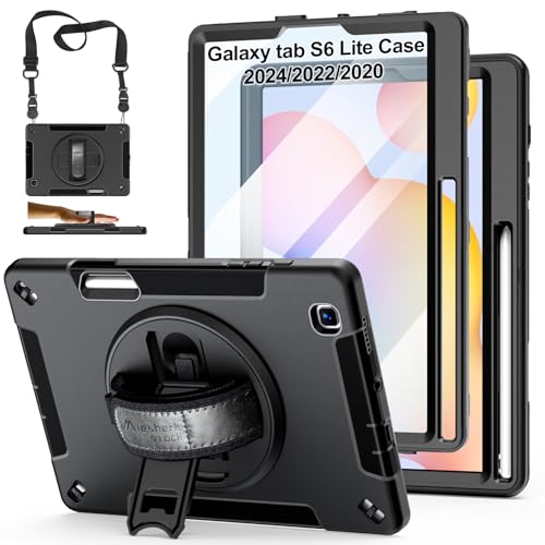 Image of Case for Galaxy Tab S6 Lite 10.4 Inch 2024 /2022 /2020 : Military Grade TPU Shockproof Cover with Screen Protector - Stand - Shoulder Strap - Handle - S-Pen Holder for Samsung Tablet S6 Lite - Black