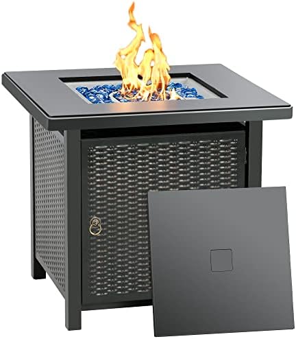 BALI OUTDOORS 28 Inch Propane Fire Pit Table, Rattan & Wicker-Look 50,000 BTU Gas Firepits with Blue Fire Glass for Outside Patio and Garden