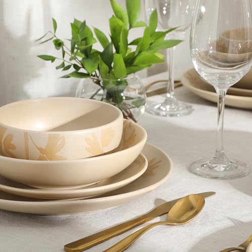 Image of Gibson Home Admiral Hall Plates and Bowls Set, 16-Piece Floral Dinnerware Set, Cream Stoneware Dish Set, Dinner Plates, Salad Plates, Pasta Bowls & Cereal Bowls