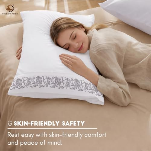 Image of Pure Cotton 500 TC Bag Type Pillow Cover Set | Greek Embroidered Pillow Cover Set | Percale Weave | 18 X 27 Inches (2, Silver Blossom)