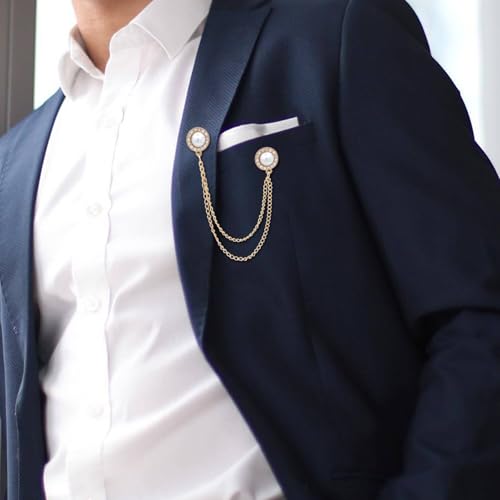 Image of Gold /Silver Crystal Geometry Brooch Lapel Pin for Men Rhinestone With Hanging Chain Brooch for Men Suit Fashion Tuxedo Tie Hat Scarf Collar Pins for Men Women Gifts