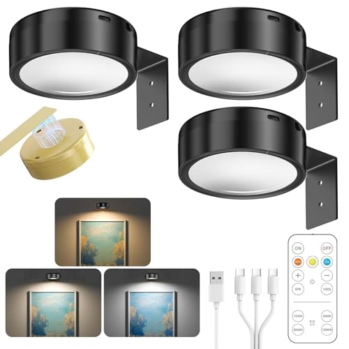 3 Stück Bildbeleuchtung Kabellos, Aufladbar Bilderleuchte Kabellos mit Fernbedienung 3 Lichtfarben Dimmbar, Magnetisches Bild Licht Bilderrahmen Licht Bilderlampe für Wand Regal Bilder (Schwarz)