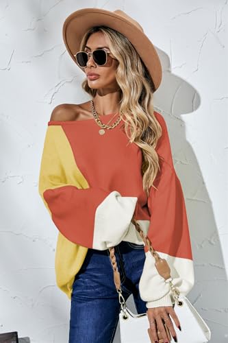 Image of ECOWISH Women Sweater Long Sleeve Color Block Knit Pullover Sweaters Crew Neck Patchwork Casual Loose Jumper Tops