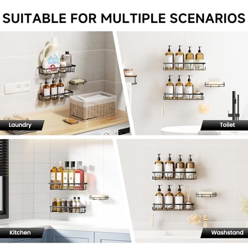 Image of Shower Caddy, 3 Pack Shower Shelves, Rustproof Adhesive Bathroom Organizer with Soap Holder, No Drilling Washroom Organizers and Storage for Bathtub Room /Kitchen /Home, Matte black
