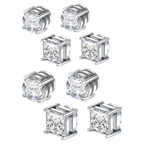Besyvvin 8pcs Fake Earring Studs Non Pierced Magnetic CZ Earrings Stud for Men Women Non Piercing Jewellery Silver
