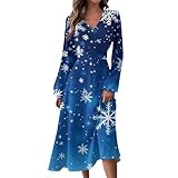 Christmas Dress Girls, Sexy Birthday Dresses for Women Country Concert Dress Long Sleeve Casual V-Neck Midi Snowflake Print Swing Dresses Vintage Christmas Dresses Plus Size (Royal Blue,Medium)
