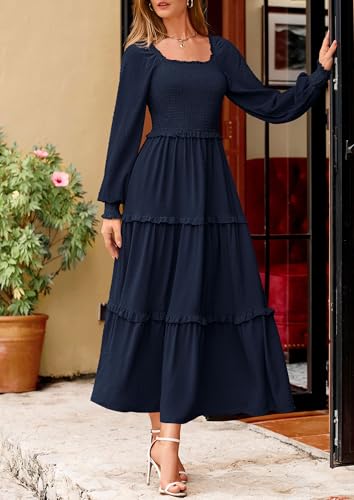 PRETTYGARDEN Fall Dresses for Women 2025 Long Sleeve Smocked Square Neck Swiss Dot Tiered Flowy Wedding Guest Maxi Dress
