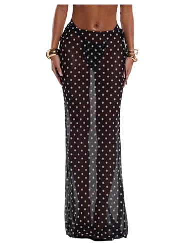 Milumia Women's Polka Dots Mesh Long Skirt Drawstring Side See Through Sheer Swimwear Cover Ups